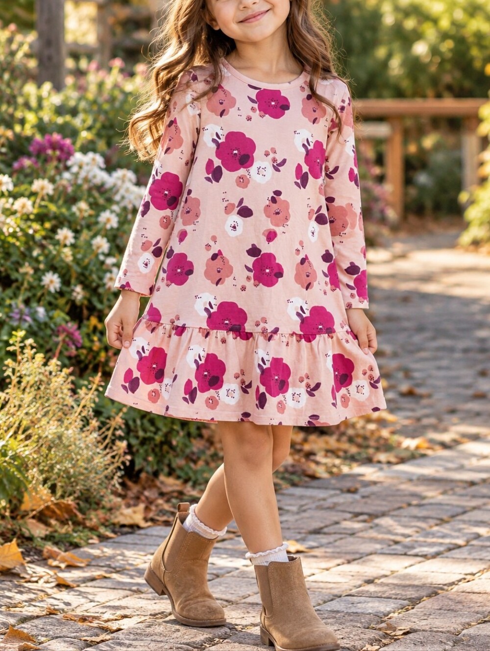 Tea Collection Kids Pink Floral Ruffle Hem Long Sleeve Cotton Casual Dress
